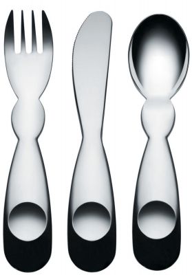 Alessi Kinderbesteck, bestehend aus Gabel, Messer und Löffel, Edelstahl, modernes Design für Kinder.